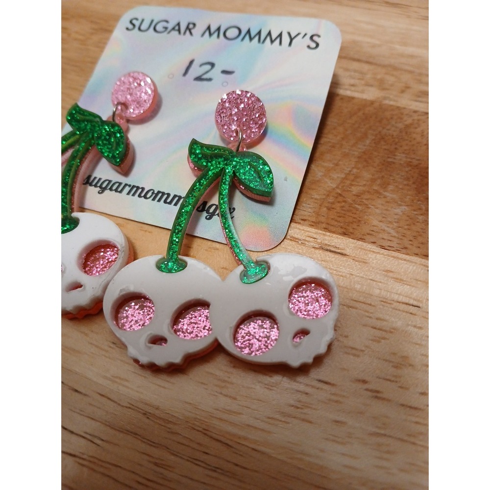 Skull Cherry Earrings Sugar Mommy's Sparkly Glitter Funky Quirky Gothic Jewelry